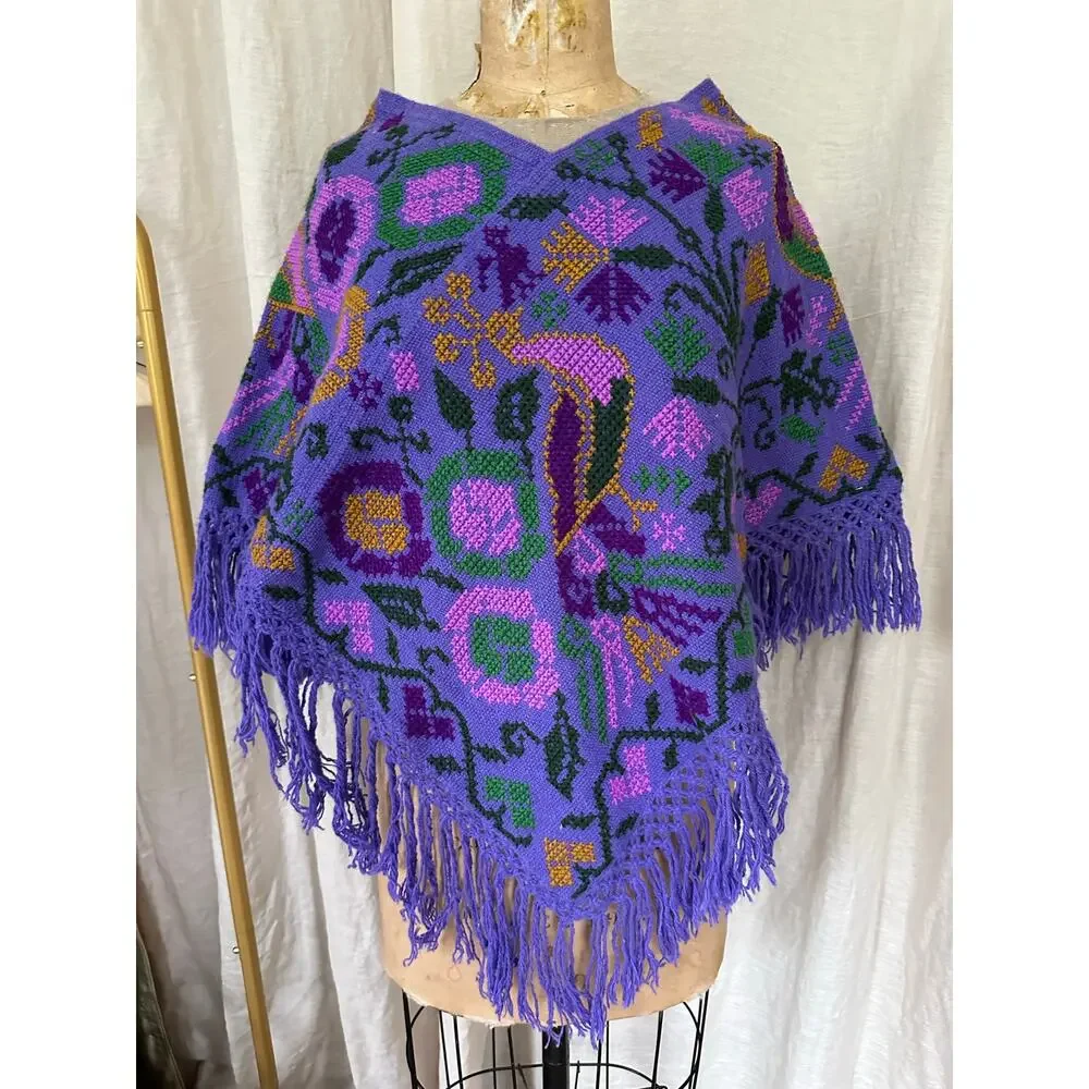 Mexican Mañanita embroidered poncho purple bird floral primitive folk fringed